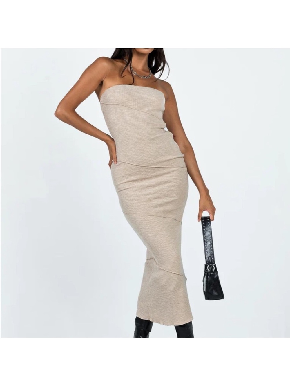 Princess Polly Tan Oscar Dress - Strapless Beige Tube Midi Dress